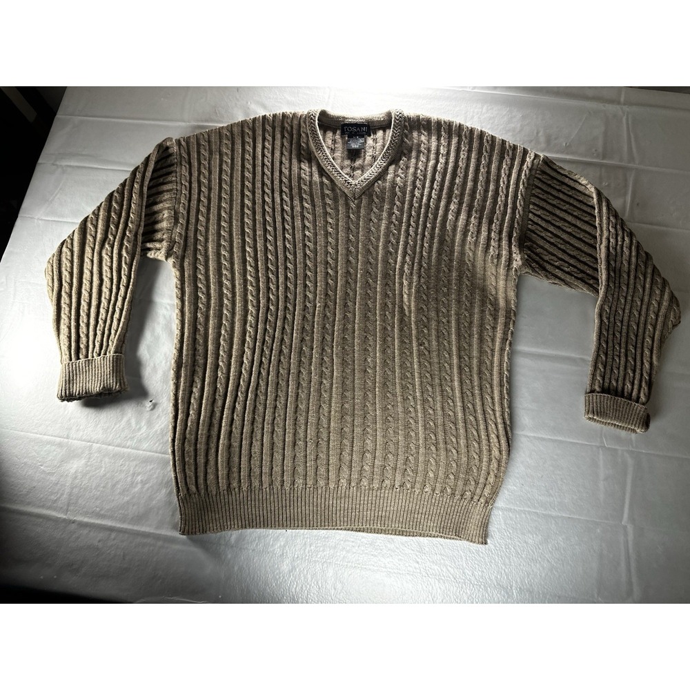 Tosani Cable Knit V Neck Sweater Mens Large Tan Cotton Ramie Blend wMade Canada
